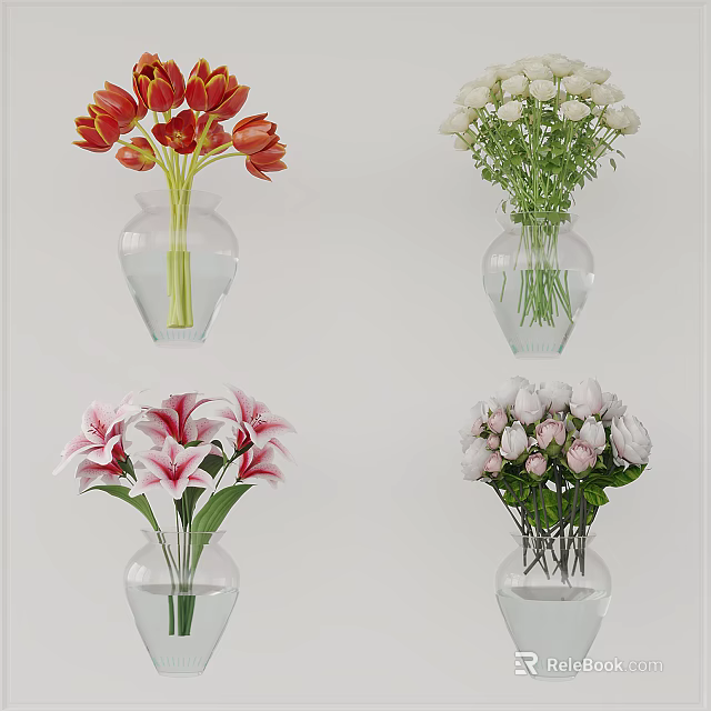 Transparent Glass Vases With Red Tulips White Flowers Pink Lilies And Roses For Home Decor 3d model 