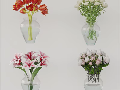 Transparent Glass Vases With Red Tulips White Flowers Pink Lilies And Roses For Home Decor 3d model