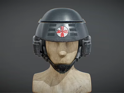 Black Safety Helmet With Red Cross Emblem On Wooden Mannequin Head 3d model