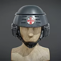 Black Safety Helmet With Red Cross Emblem On Wooden Mannequin Head