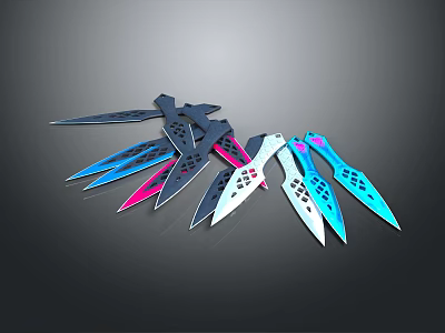 Colorful Throwing Knives With Blue Pink White Blades And Hollow Out Patterns 3d model