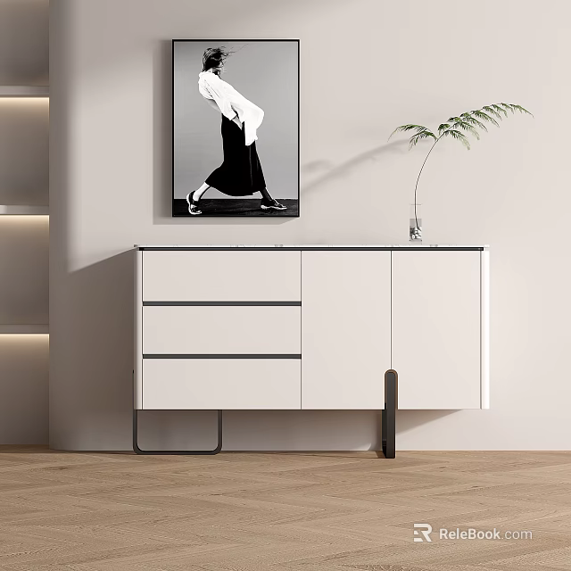 Modern White Entryway Sideboard Cabinet With Drawers And Black Metal Legs 3d model 
