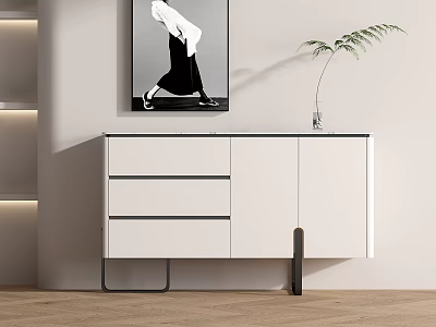 Modern White Entryway Sideboard Cabinet With Drawers And Black Metal Legs 3d model
