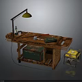 Vintage Wooden Workbench Setup With Table Lamp Tools Storage Box And Metal Toolbox