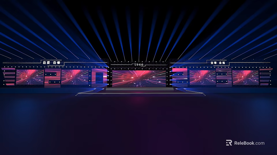 Modern Stage Design With Purple Blue Lighting And LED Screen Background 3d model 