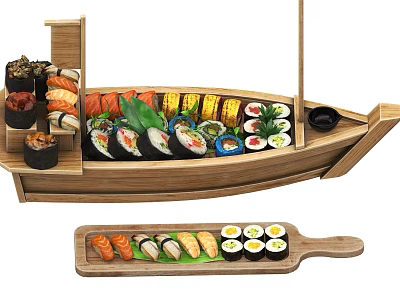 Fresh Sushi Boat Platter and Wooden Board With Variety of Maki Rolls Nigiri Salmon and Tuna Slices 3d model