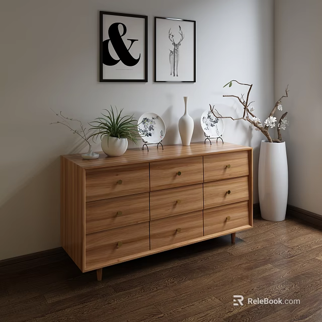 Minimalist Modern Wooden Dresser With Decorative Vases Green Plant Plate And Wall Art 3d model 