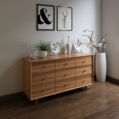 Minimalist Modern Wooden Dresser With Decorative Vases Green Plant Plate And Wall Art 3d model