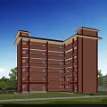 Modern Multistory School Teaching Building With Red Exterior Walls And Green Trees Around