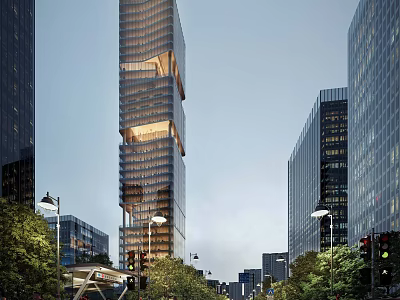 Modern High Rise Office Building With Glass Curtain Wall And Urban Street Greenery 3d model