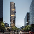 Modern High Rise Office Building With Glass Curtain Wall And Urban Street Greenery