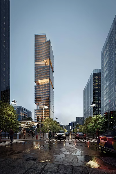 Modern High Rise Office Building With Glass Curtain Wall And Urban Street Greenery 3d model