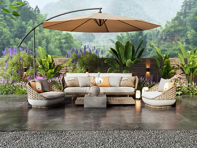 Outdoor Sofa with Cushions Under Beige Umbrella in Lush Garden Setting on Stone Floor 3d model