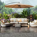 Outdoor Sofa with Cushions Under Beige Umbrella in Lush Garden Setting on Stone Floor