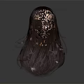 3D Rendered Female Head With Dark Purple Long Curly Hair And Bangs