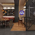 Cozy Restaurant Interior With Wooden Decor Pendant Lights Red Seating And Wall Bakery Art