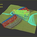 Architectural Model Featuring Curved Road Pedestrian Bridge Stone Walls And Red Canopies
