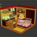 Cartoon Style Bakery Shop Interior With Fruits Bread Display Case And Yellow Red Cabinets