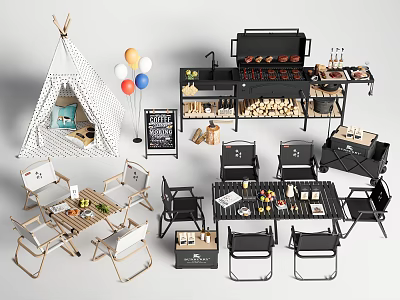 Outdoor Table And Chair Set With Tepee Grill And Colorful Balloons For Gathering 3d model