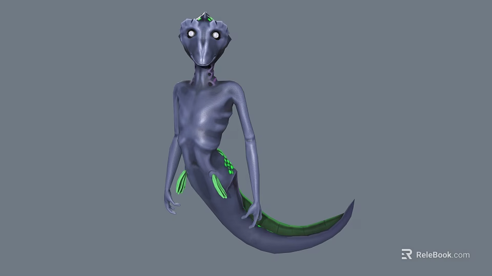 Aquatic Humanoid Creature With Purple Body Green Glowing Accents And Long Tail 3d model 