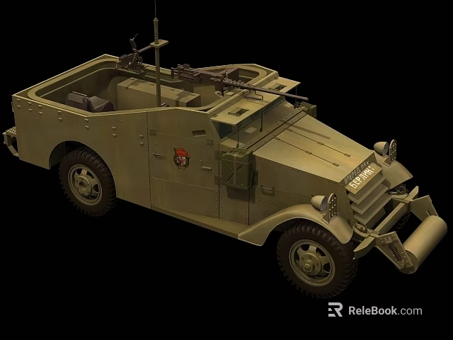 Military Green Armored Vehicle Featuring Open Top Compartment Mounted Machine Gun Emblem Vintage Military Style 3d model 