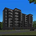 Modern Multi Story Residential Building With Balconies Surrounded By Green Trees Blue Sky And Car