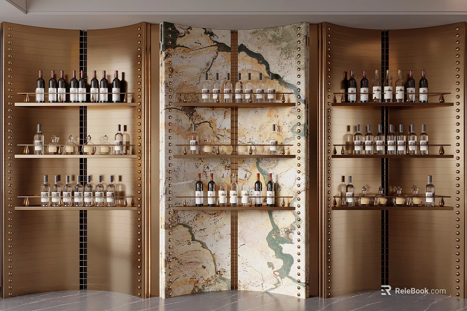 Luxury Wine Cabinet With Golden Frame Marble Panel And Layered Shelves Holding Wine Bottles 3d model 