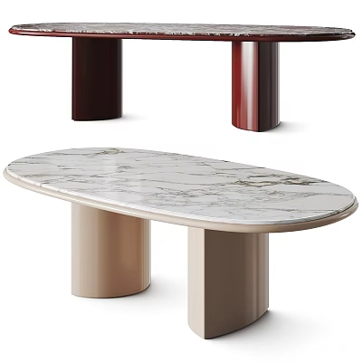 Oval Modern Dining Table With Marble Top And Beige Cylindrical Legs 3d model