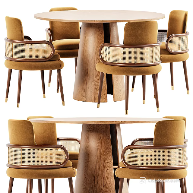 Elegant Modern Wooden Dining Table Set With Rattan Chairs And Brown Seats 3d model 