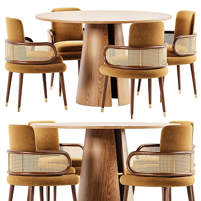 Elegant Modern Wooden Dining Table Set With Rattan Chairs And Brown Seats 3d model