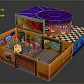 Cartoon Colorful Shop Scene With Orange Walls Purple Roof Interior And Cartoon Characters