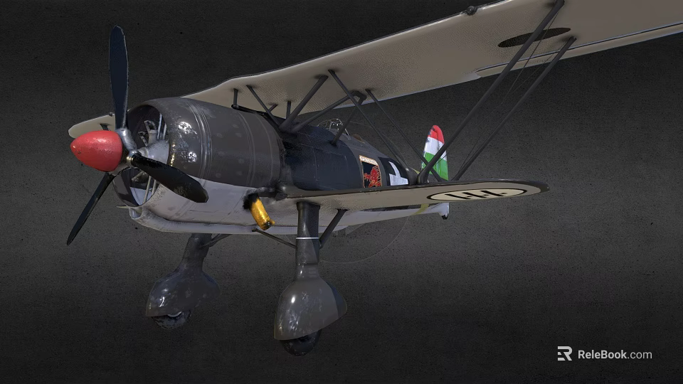 Vintage Biplane Fighter Plane With Propeller Red Nose And National Emblem 3d model 