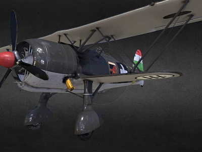 Vintage Biplane Fighter Plane With Propeller Red Nose And National Emblem 3d model