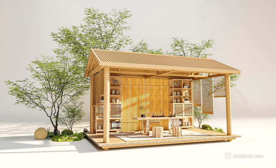Traditional Wooden Pavilion With Surrounding Trees Greenery And Interior Shelves Table Stools 3d model 