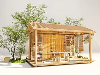 Traditional Wooden Pavilion With Surrounding Trees Greenery And Interior Shelves Table Stools 3d model