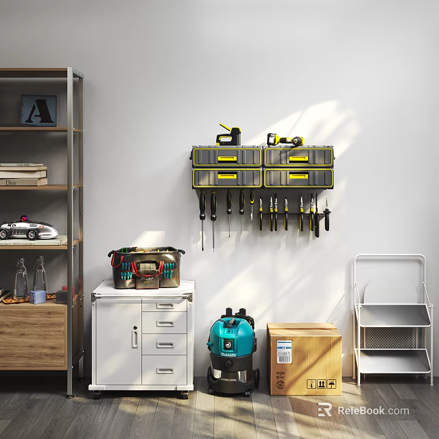 Workshop Tool Storage Setup With Wall Mounted Organizer Drawers Hanging Tools Shelves And Toolbox 3d model 