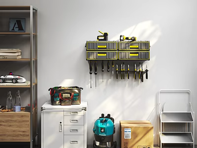 Workshop Tool Storage Setup With Wall Mounted Organizer Drawers Hanging Tools Shelves And Toolbox 3d model