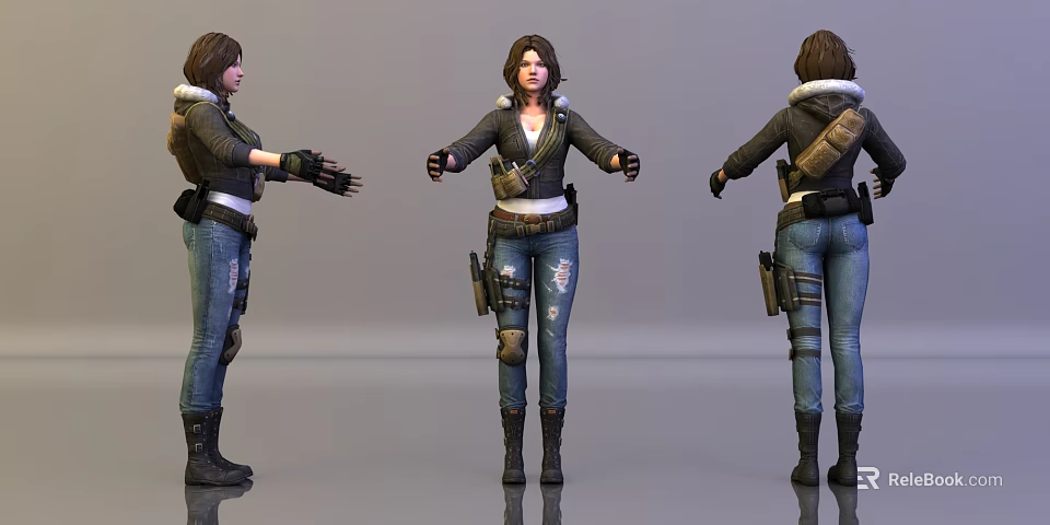 Woman In Black Jacket Ripped Jeans With Tactical Gear Backpack And Gloves 3d model 