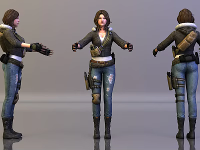 Woman In Black Jacket Ripped Jeans With Tactical Gear Backpack And Gloves 3d model