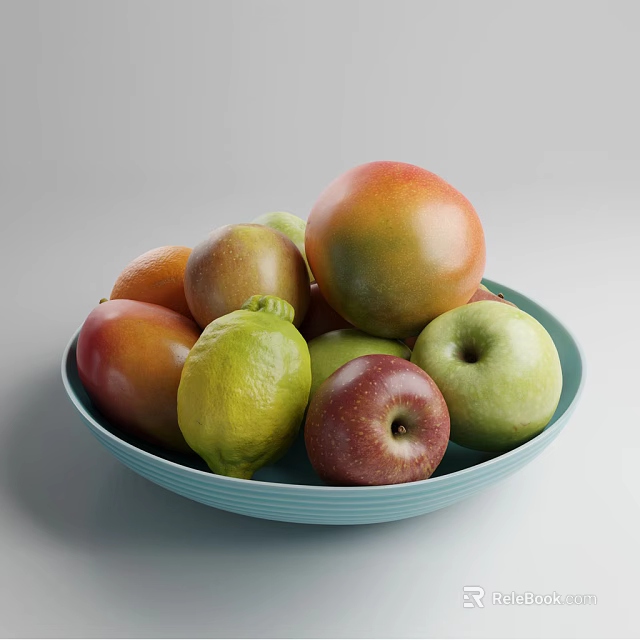 Blue Ceramic Bowl Filled With Fresh Mangoes Lemons Apples And Oranges 3d model 