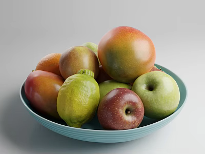 Blue Ceramic Bowl Filled With Fresh Mangoes Lemons Apples And Oranges 3d model
