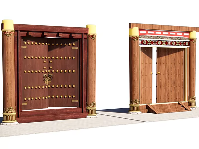 Traditional Wooden Storefront Entrance With Ornate Door Design Golden Accents And Columns 3d model