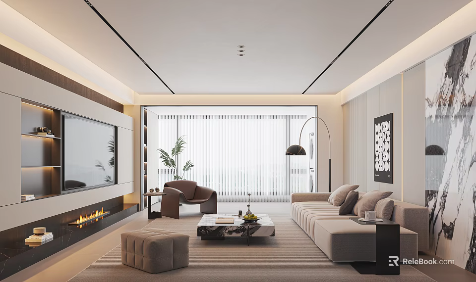 Modern Bright Spacious Living Room With Soft Sectional Sofa Marble Coffee Table And Cozy Fireplace 3d model 