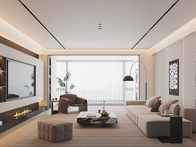Modern Bright Spacious Living Room With Soft Sectional Sofa Marble Coffee Table And Cozy Fireplace 3d model