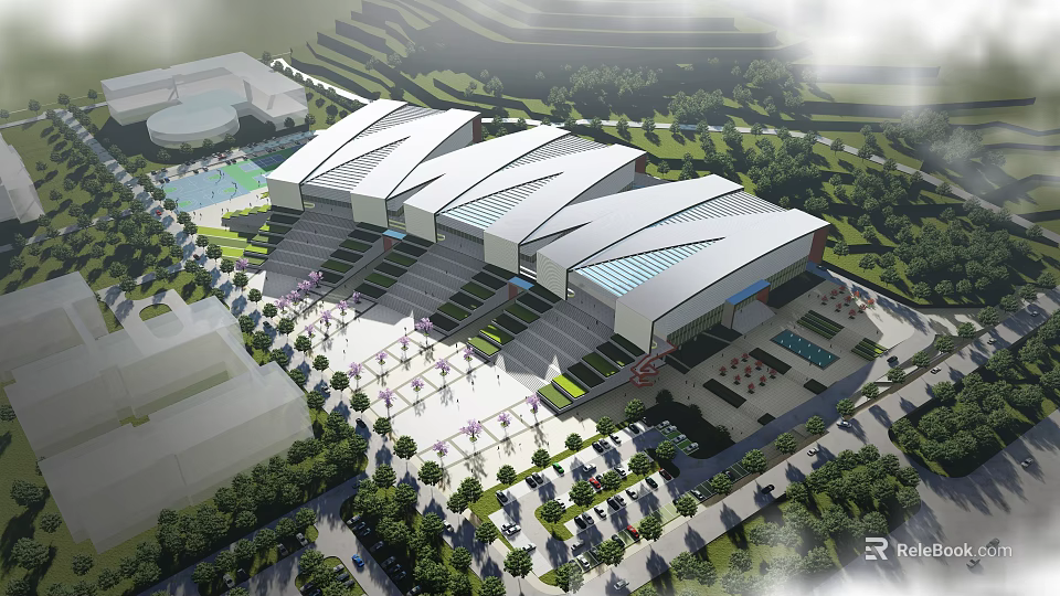 Modern Convention Center Complex With White Roofs Glass Structures Greenery And Parking Areas 3d model 