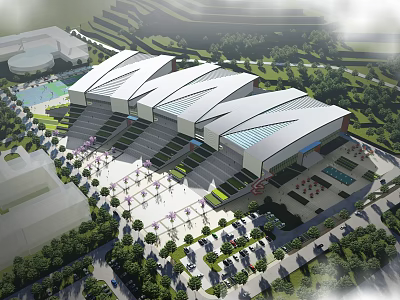 Modern Convention Center Complex With White Roofs Glass Structures Greenery And Parking Areas 3d model
