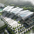 Modern Convention Center Complex With White Roofs Glass Structures Greenery And Parking Areas