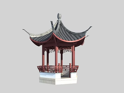 Traditional Chinese Garden Pavilion With Black Roof Red Pillars And Carved Railings 3d model