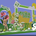 Spring Themed Event Entrance With Welcome Sign Flowers Green Grass Sun And Clouds