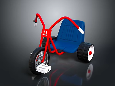 Red Frame Blue Seat Children's Tricycle With Black Tires White Grips And Number 11 On Frame 3d model
